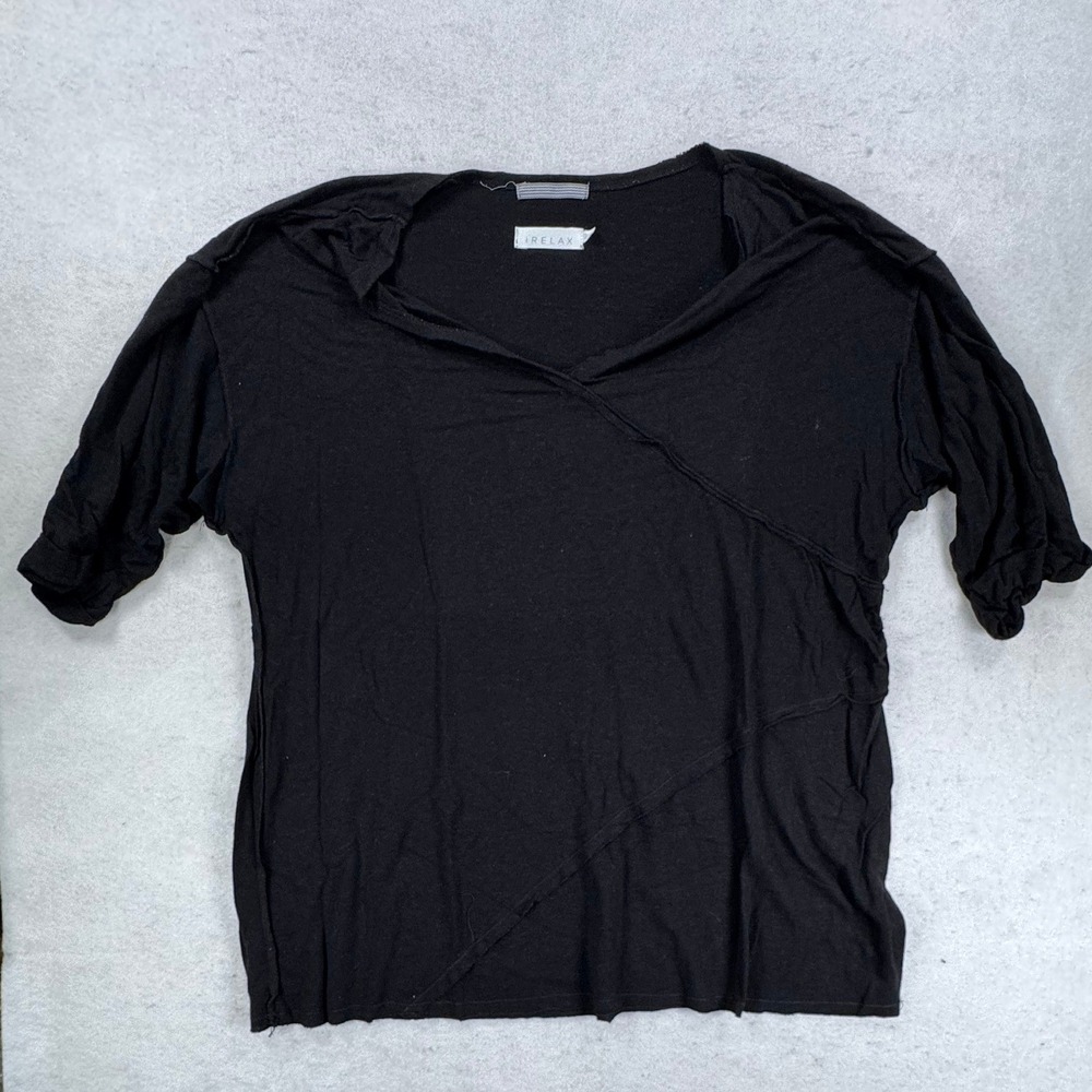 iRelax‎ Black Rayon Linen Blend Asymmetric Seam Raw Edge Top Large